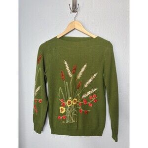 Vintage 70s Cyn Les Shirlee Wildflowers Plant Sweater Womens Medium Embroidered
